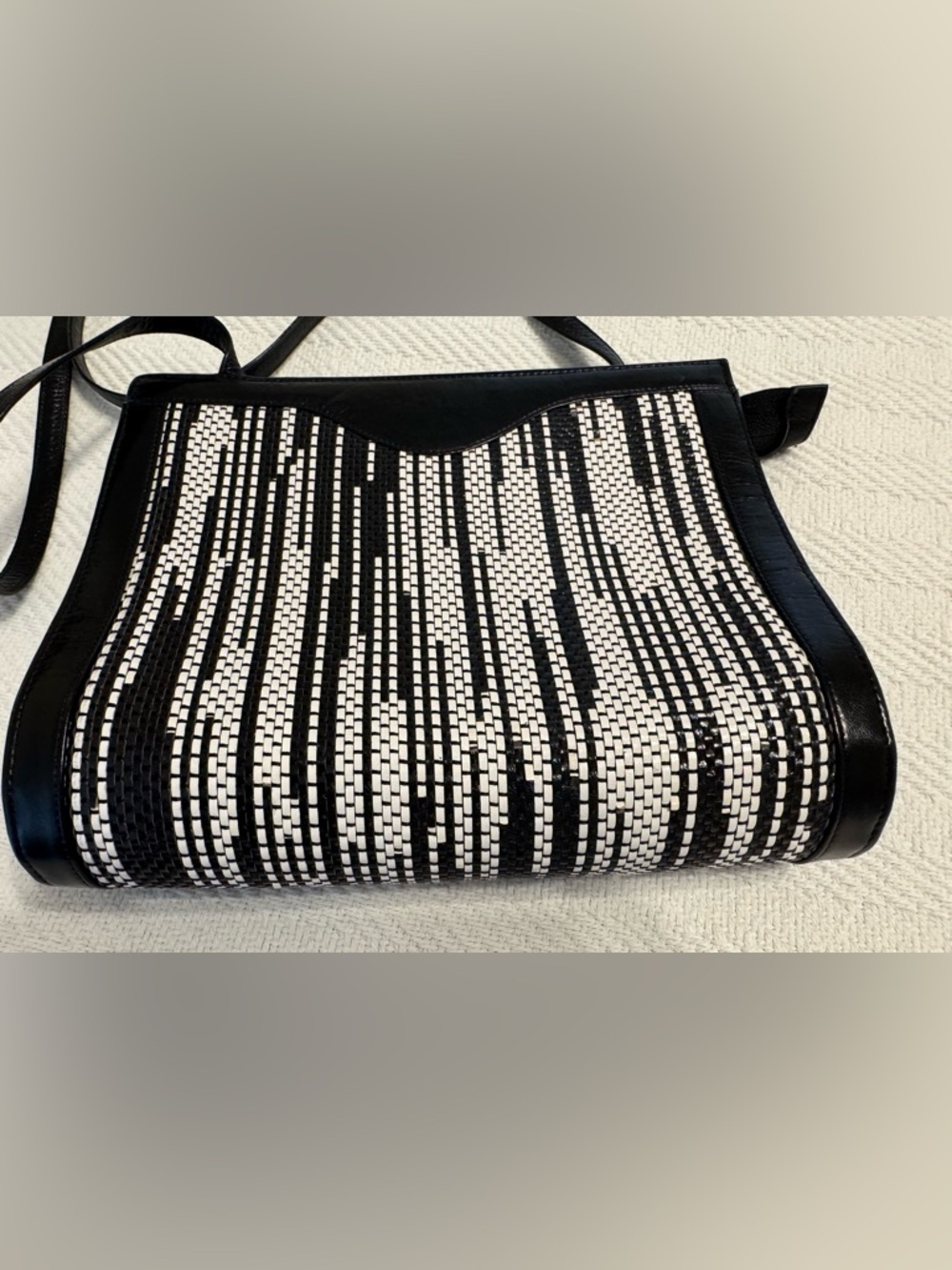 Italian Leather Black & White Woven Shoulder Bag